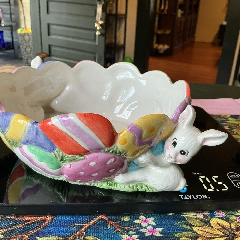 Vintage Fitz And Floyd Gathering‎ Eggs Easter Candy Bowl 2 Bunny Rabbits